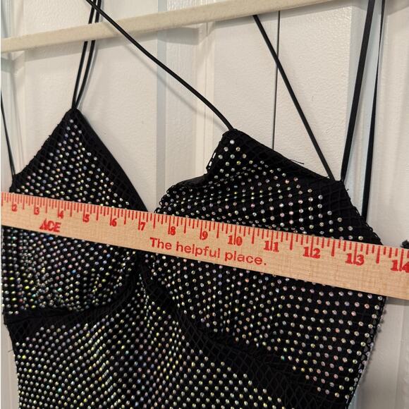 Crystal Doll M Vintage 90's Fishnet RHINESTONE Strappy Gown Bodycon Dress Black - Picture 9 of 10